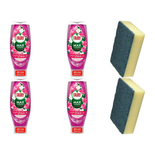 4 x Fairy Dish Washing MaxPower Pink Tulips & White Jasmine640ml+Cleaning Sponge