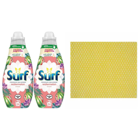 2 x Surf Concentrated LaundryDetergent,24W,648ml.WatermelonBreeze+CleaningCloth
