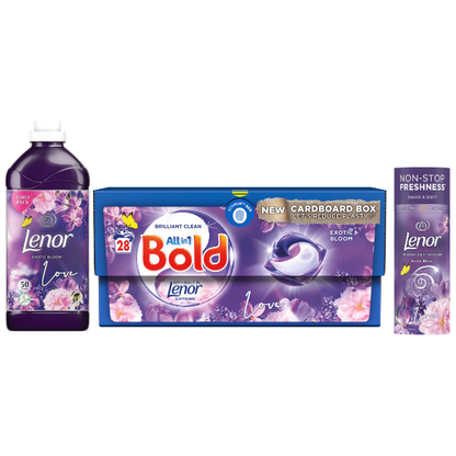 Bold & Lenor Laundry Washing Pack, Exotic Bloom Bundle: Washing Capsules & Fabric Conditioner & Scent Booster Beads