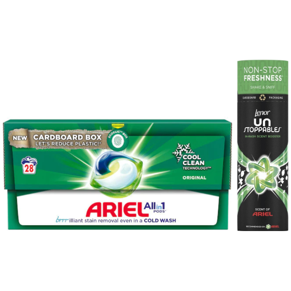 Ariel Colour All in 1 Pods, 28washes + Lenor Unstoppables in Wash Scent Booster Beads, 245gr, Scent of Ariel