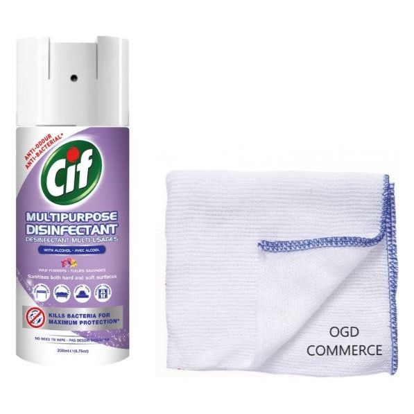 Cif Multipurpose Disinfectant Spray, 200ml, Wild Flowers Scent & Cleaning Cloth