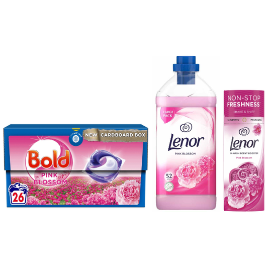 Bold & Lenor Laundry Washing Pack, Pink Blossom Bundle: Washing Capsules & Fabric Conditioner & Scent Booster Beads