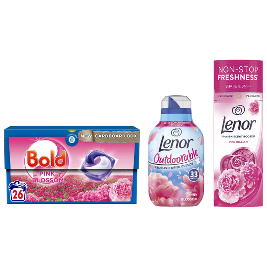 Bold & Lenor Laundry Washing Pack, Pink Blossom Bundle Scent : Washing Capsules & Outdoorable Fabric Conditioner & Scent Booster Beads