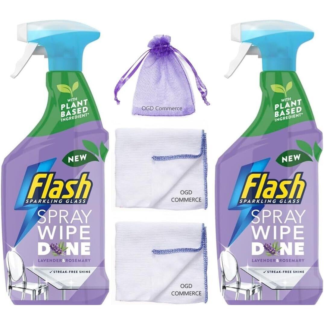 Flash Sparkling Glass Spray,800ml.Lavender & Rosemary+Cleaning Cloth