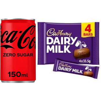 Coca Cola Zero Sugar 150Ml+Cadbury Dairy Milk Chocolate Bar 4 Pack Multipack 134g