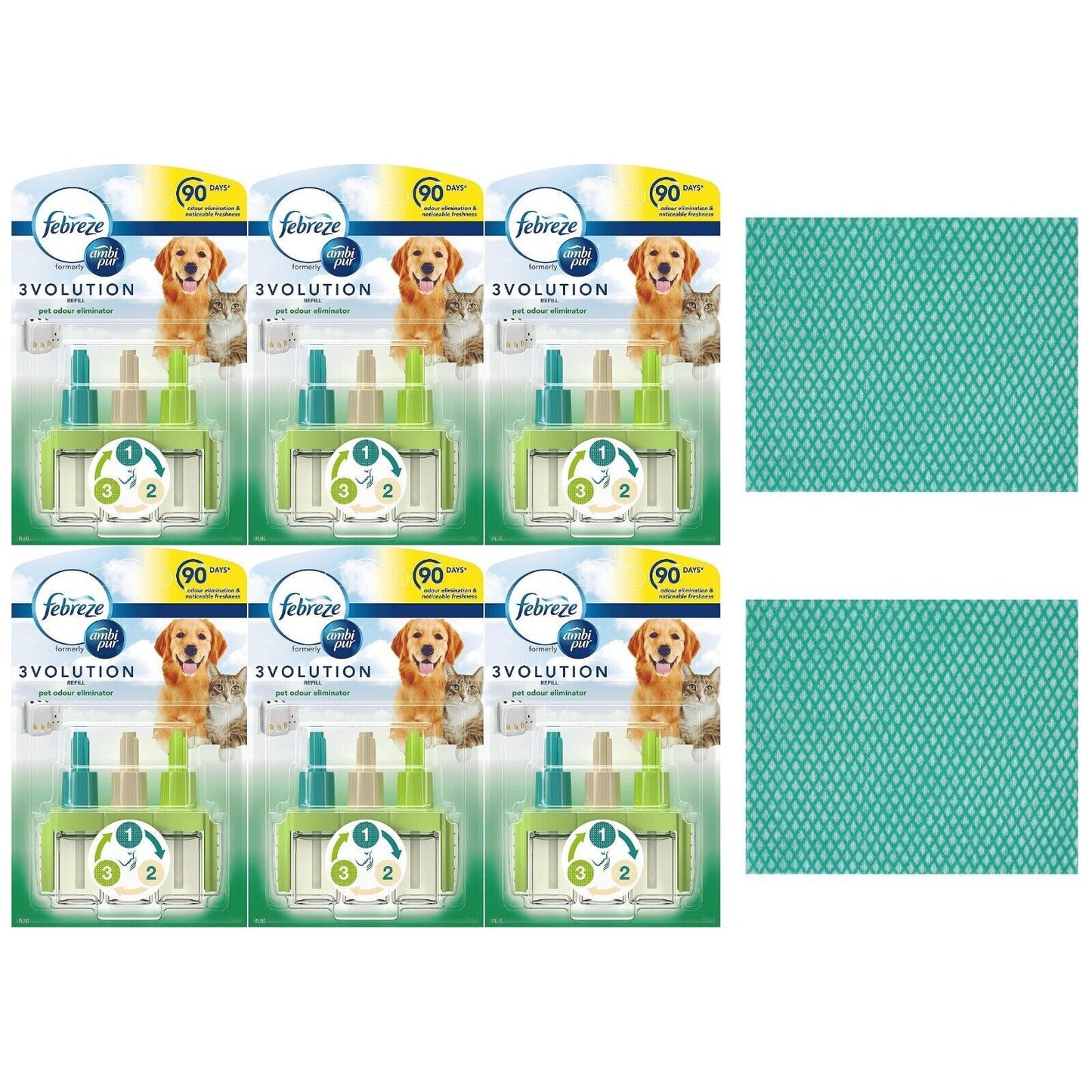 6 x Febreze 3Volution Plug-In Refill - Pet Odour Elimination+Cleaning Cloth