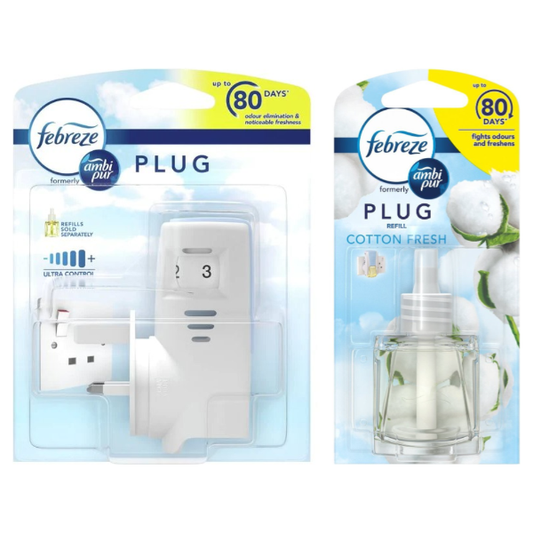 Febreze Ambi Pur Plug Air Freshener Plug-in Unit Case & Plug in Refill, Cotton Fresh Scent