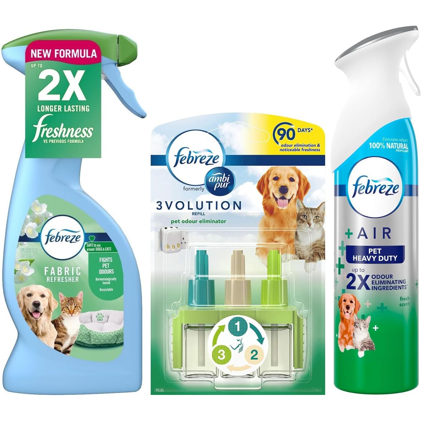 Febreze Fabric Pet Odour Eliminator Spray, 375ml + 3Volution Air Freshener  Refill + Pet Odour Air Freshener Spray300 ml