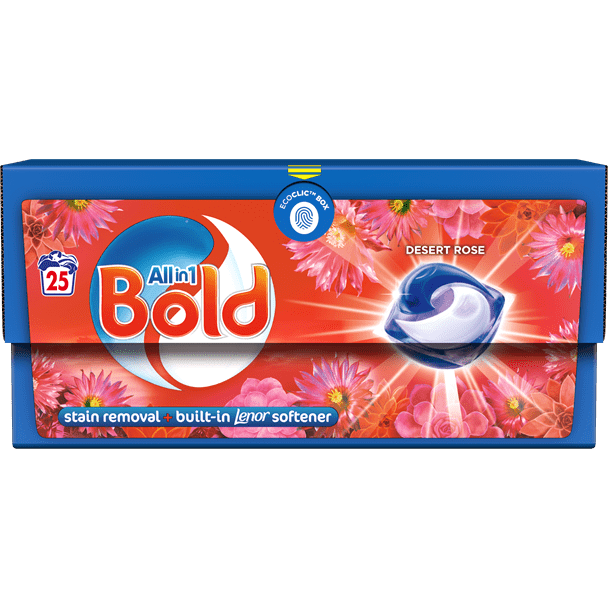 Bold All-in-1 Pods, 25Capsules + Lenor in-Wash Scent Booster Beads 176gr, Desert Rose Bundle Scent