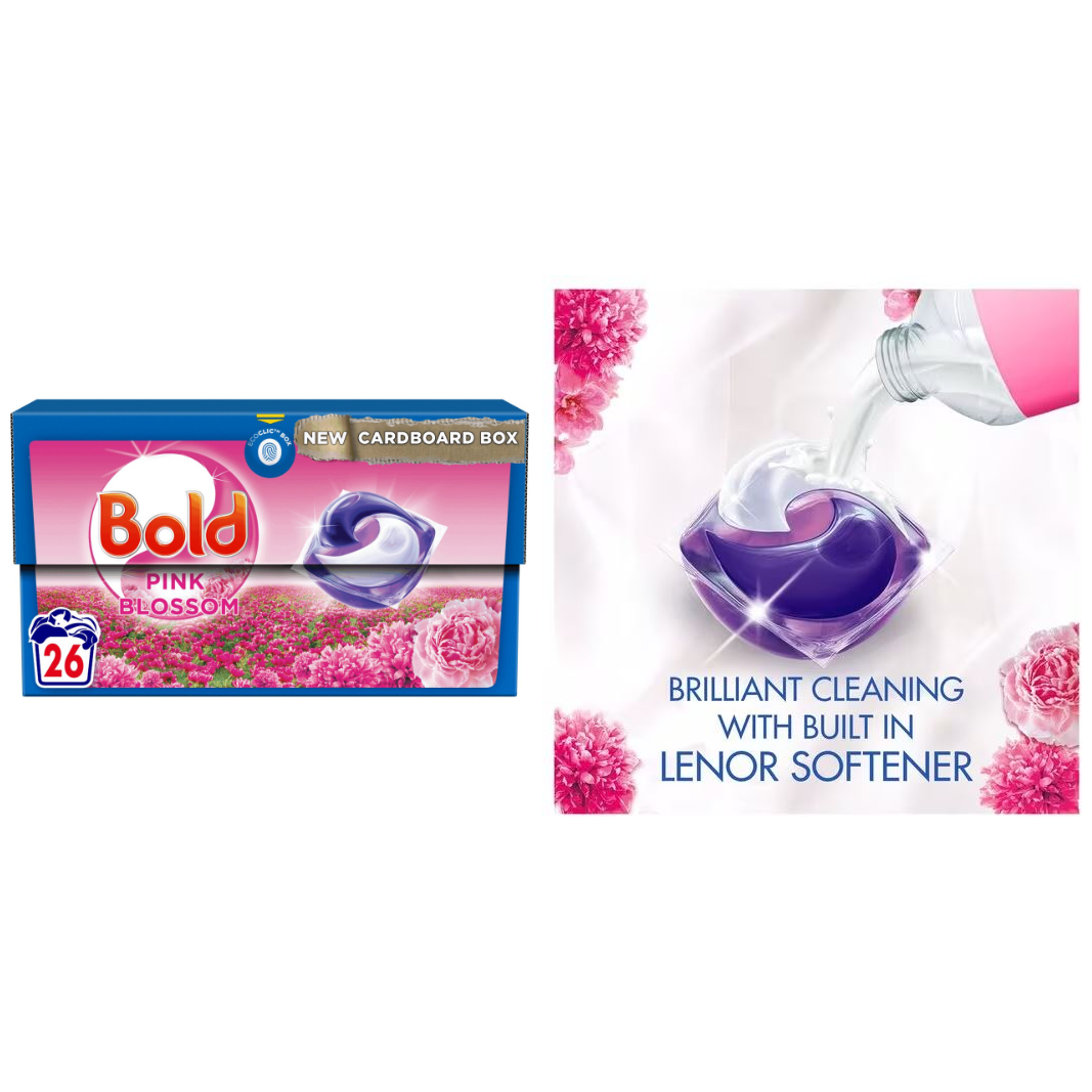 Bold & Lenor Laundry Washing Pack, Pink Blossom Bundle: Washing Capsules & Outdoorable Fabric Conditioner & Scent Booster Beads