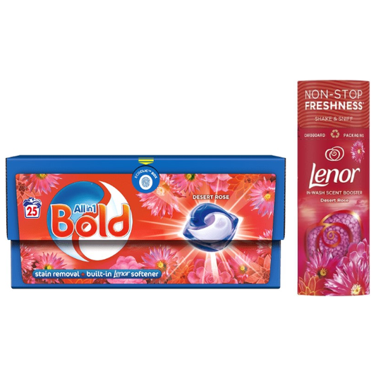 Bold All-in-1 Pods, 25Capsules + Lenor in-Wash Scent Booster Beads 176gr, Desert Rose Bundle Scent