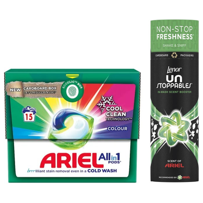 Ariel Colour All in 1 Pods, 15washes + Lenor Unstoppables in Wash Scent Booster Beads, 245gr, Scent of Ariel