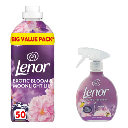 Lenor Exotic Bloom & Moonlight Lily Scent: Fabric Conditioner 50 Washes & Crease Releaser Spray