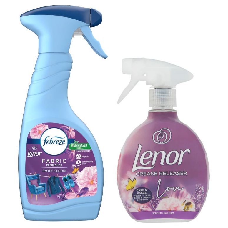 Febreze Fabric Refresher Spray, 500ml + Lenor Crease Releaser Spray, 500ml, Exotic Bloom Bundle Scent