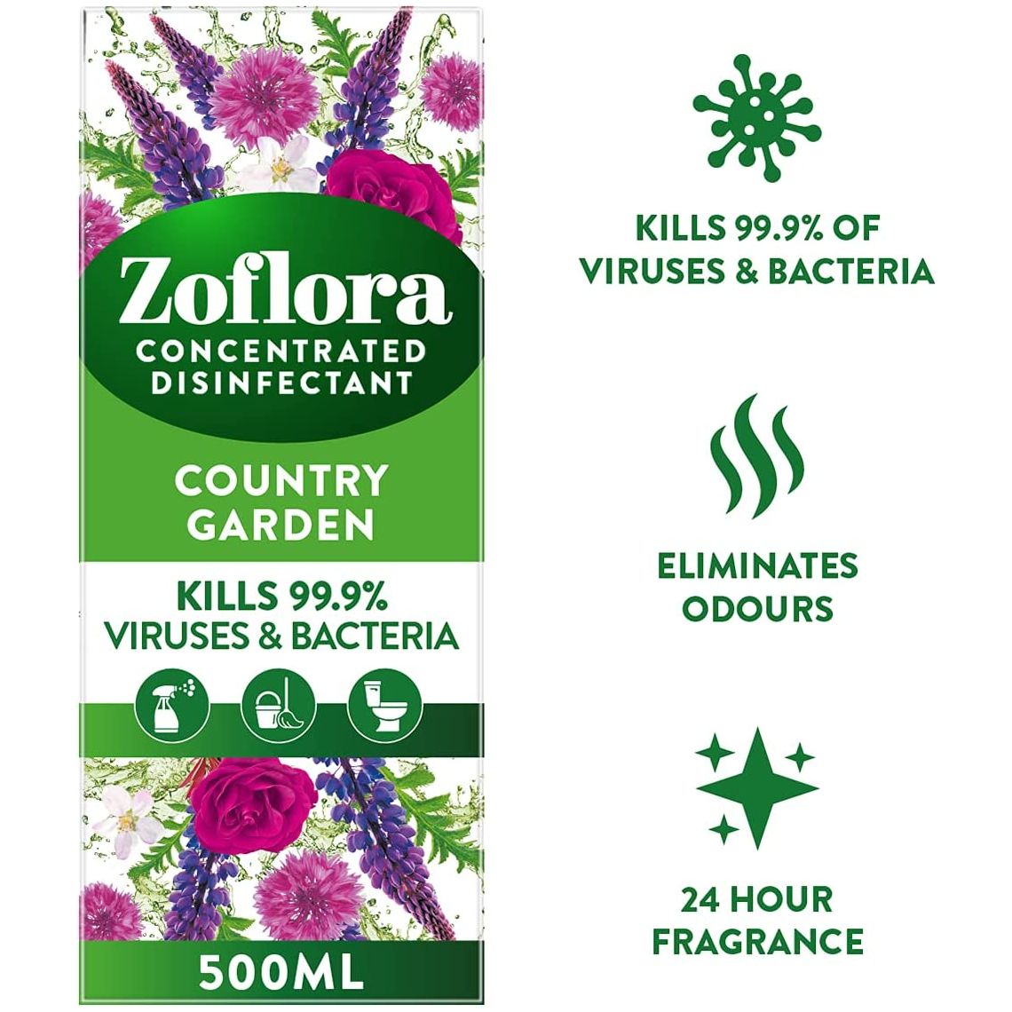 Zoflora Concentrated Multipurpose Disinfectant, Country Garden Scent, 500ml