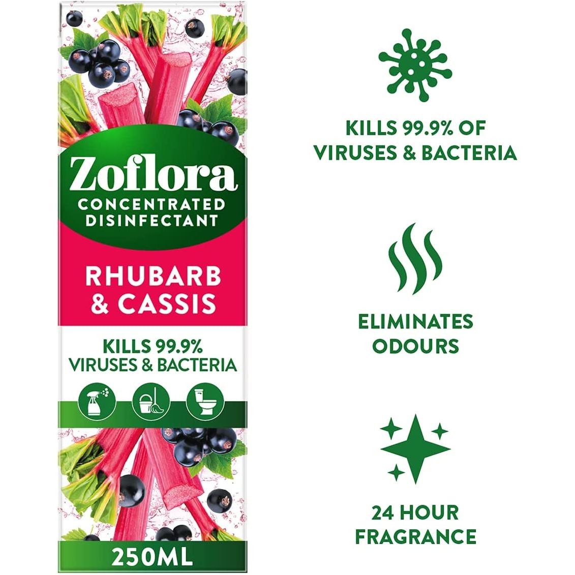 Zoflora Concentrated Multipurpose Disinfectant, Rhubarb & Cassis Scent, 250ml