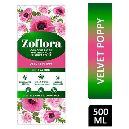 Zoflora Concentrated Multipurpose Disinfectant, Velvet Poppy Scent, 500ml