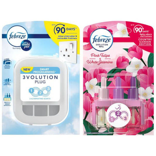 Febreze Ambi Pur 3Volution Air Freshener Plug-in Unit Case & Plug in Refills, Pink Tulips & White Jasmine Scent