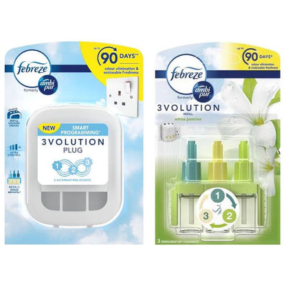 Febreze Ambi Pur 3Volution Air Freshener Plug-in Unit Case & Plug in Refills, White Jasmine Scent