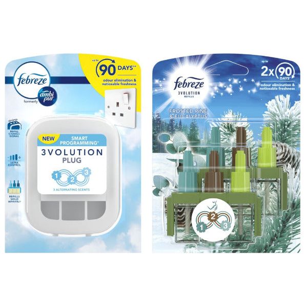 Febreze Ambi Pur 3Volution Air Freshener Plug-in Unit Case & Plug in Refills, Frosted Pine & Eucalyptus Scent