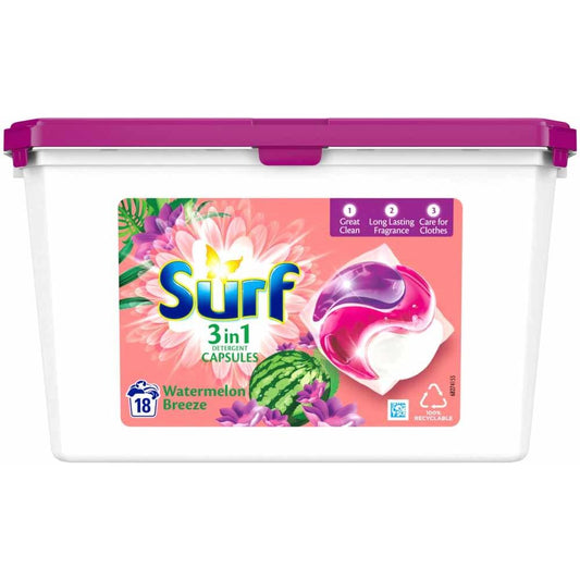 Surf 3 in 1 Watermelon Breeze Laundry Washing Capsules 18 Washes