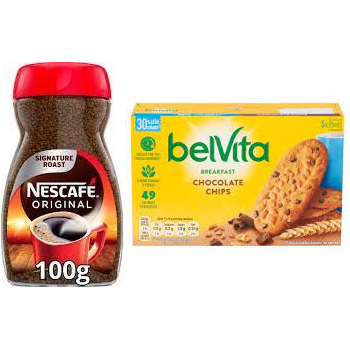 Nescafe Original Instant Coffee 100g+BelVita Breakfast Biscuits 30% Less Sugar Choc Chip 5x225G