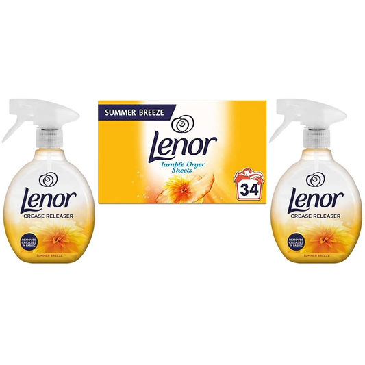 2 x Lenor CreaseReleaserSprayRemoves2x504ml+Tumble Dryer Sheets34 Summer Breeze