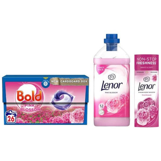 Bold & Lenor Laundry Washing Pack, Pink Blossom Bundle Scent : Washing Capsules & Fabric Conditioner & Scent Booster Beads