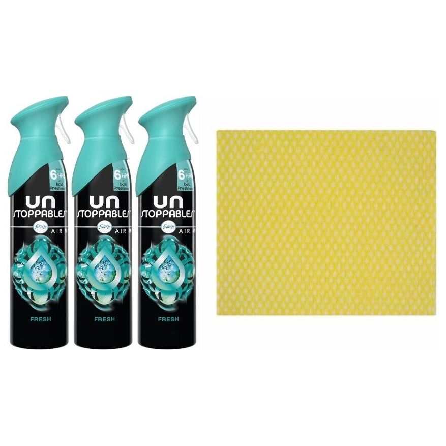 3 x Febreze Unstoppables Air Mist,Freshener Spray, 300ml.Fresh+Cleaning Cloth