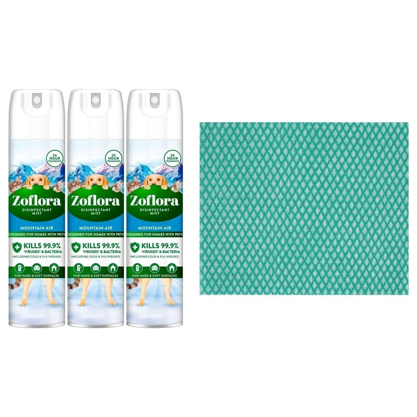 3 x Zoflora Air Spray Disinfectant Mist- Mountain Air 300ml+Cleaning Cloth