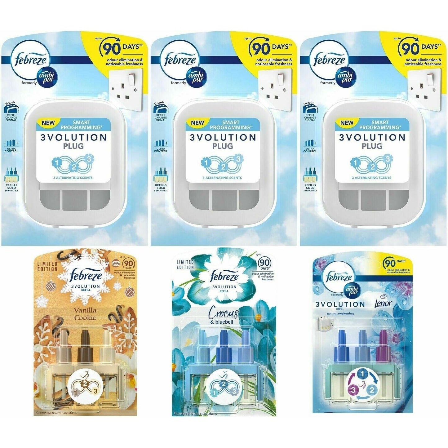 Febreze Ambi Pur 3Volution Air Plug-In Refill OdourDiffuser x 3 +3 x Refills Mix