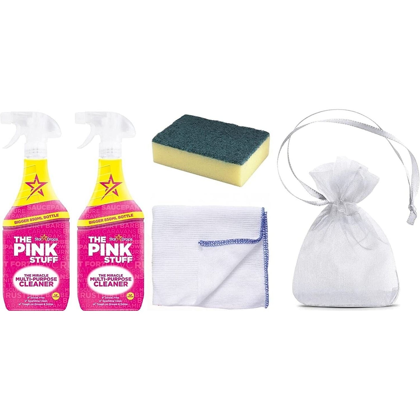 2 x The Pink Stuff, The Miracle Cleaner Spray 850ml +Sponges+Cleaning Cloth