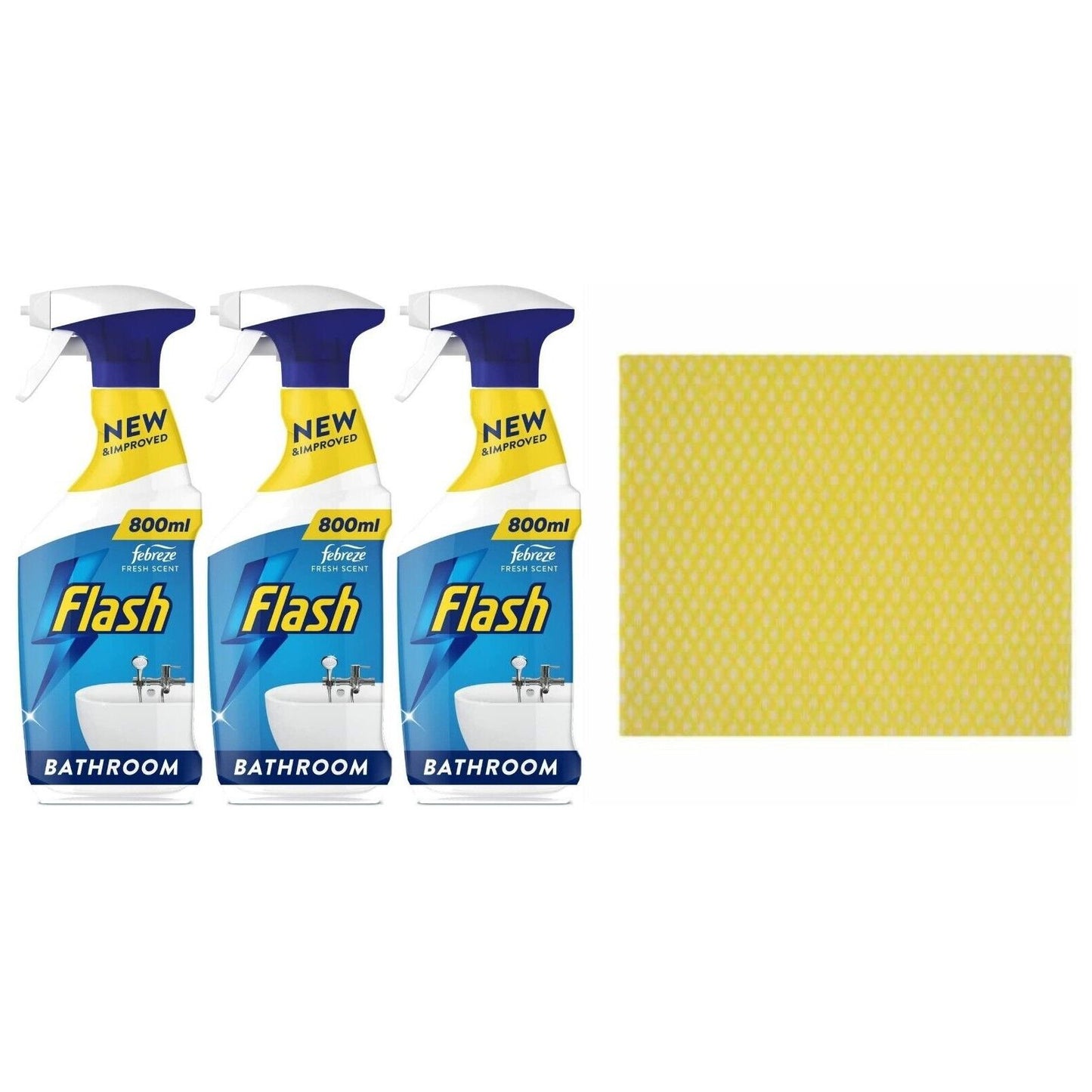 3 x Flash Bathroom Cleaning Spray- Febreze Fresh Scent 800ml+Cleaning cloth
