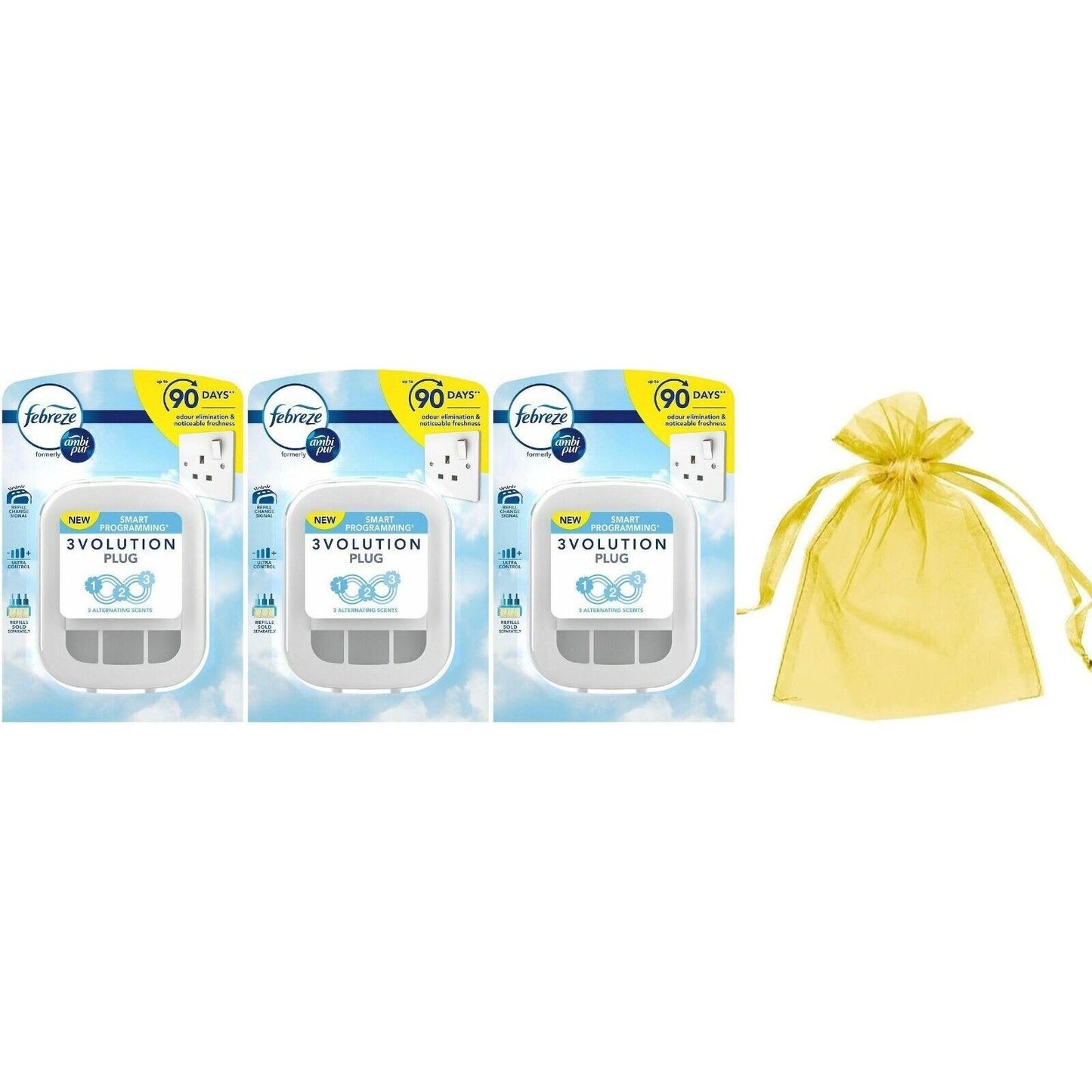 3 x Febreze Ambi Pur 3Volution Mains Plug-In Refill Odour Diffuser+Organza Bag