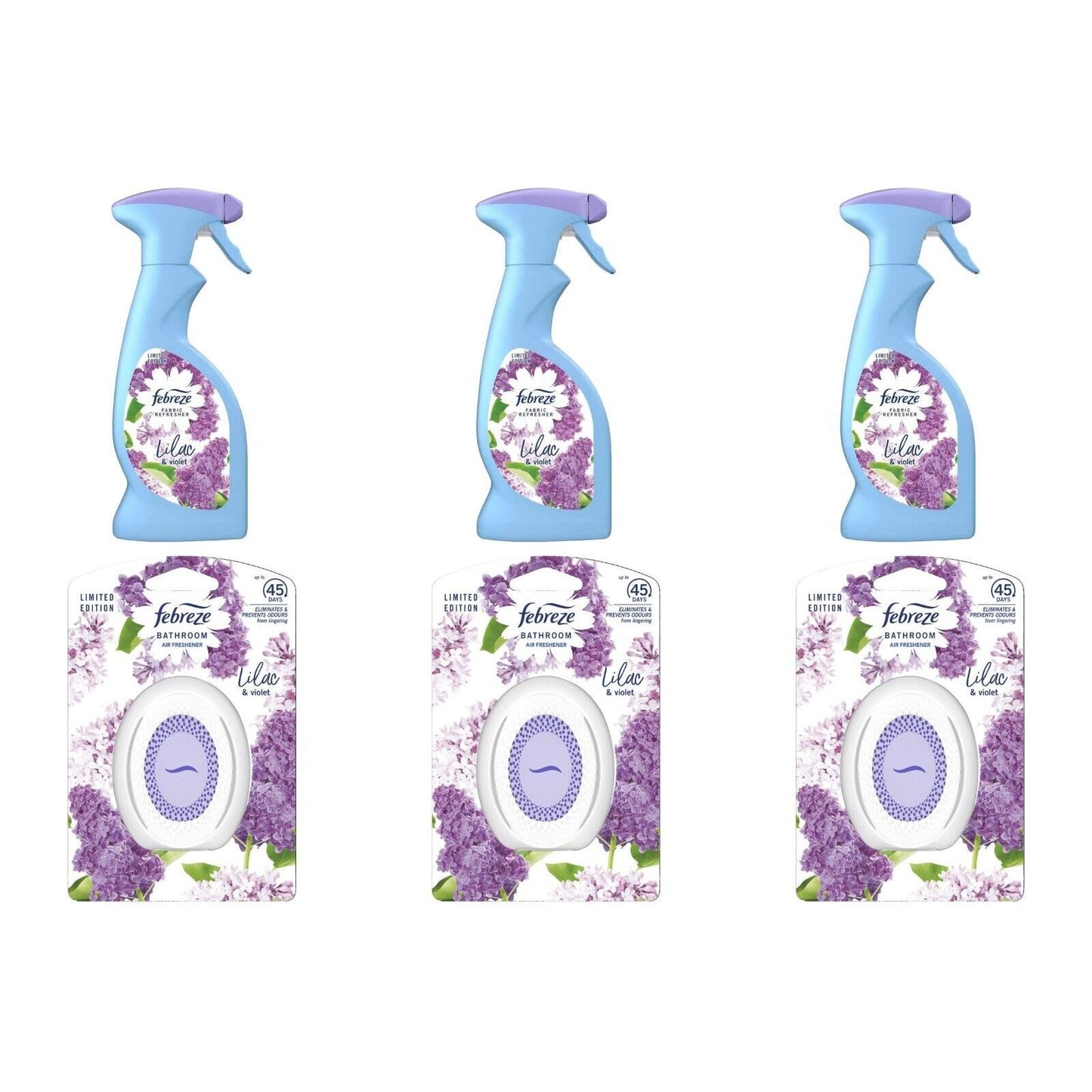 Febreze Fabric Refresher Spray+Bathroom Air Freshener Lilac & Violet Bundle Pack