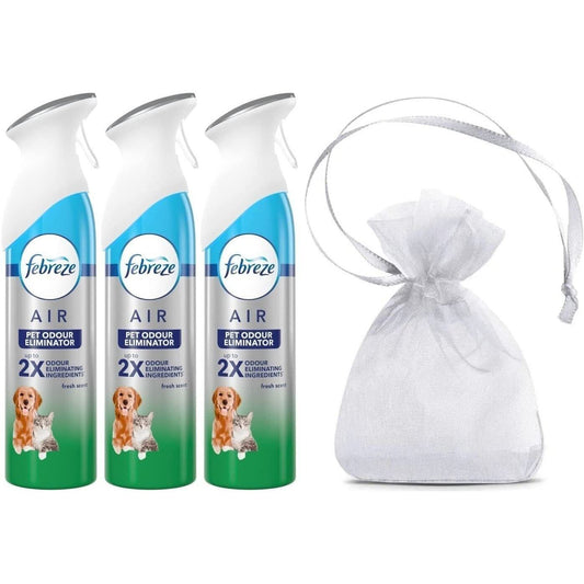 3 x Febreze Pet Odour Air Freshener 300ml.+Organza Bag