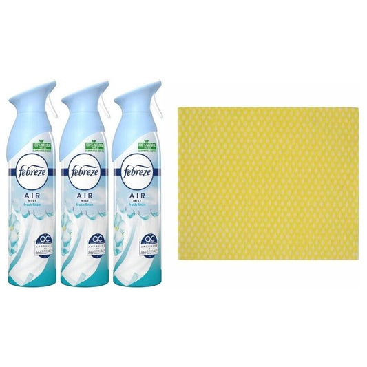 3 x Febreze Aerosol Mist, Air Freshener Spray 300ml,Fresh Linen+Cleaning Cloth