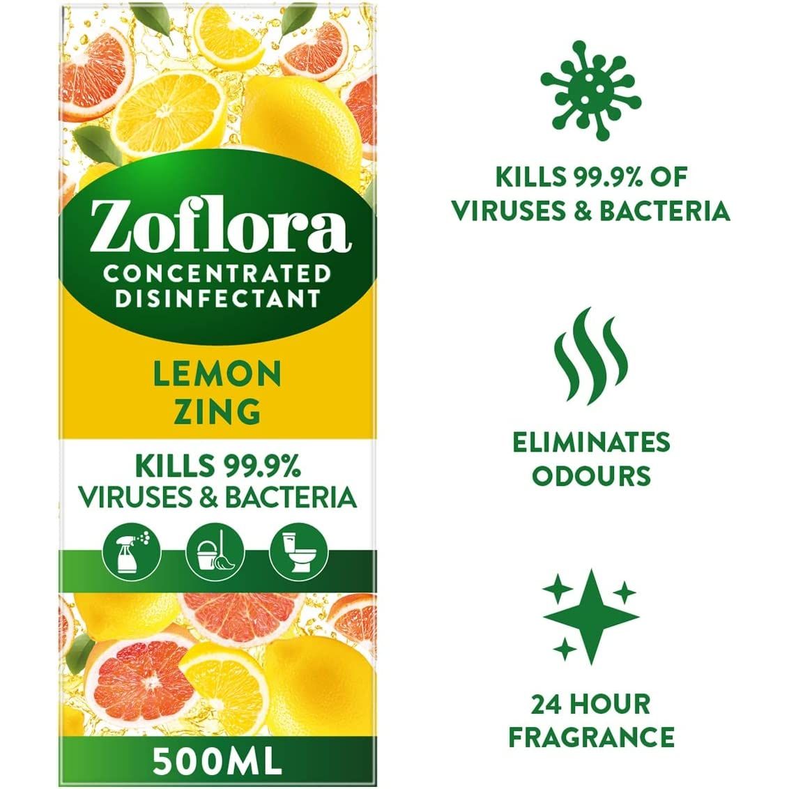 Zoflora Concentrated Multipurpose Disinfectant, Lemon Zing Scent, 500ml